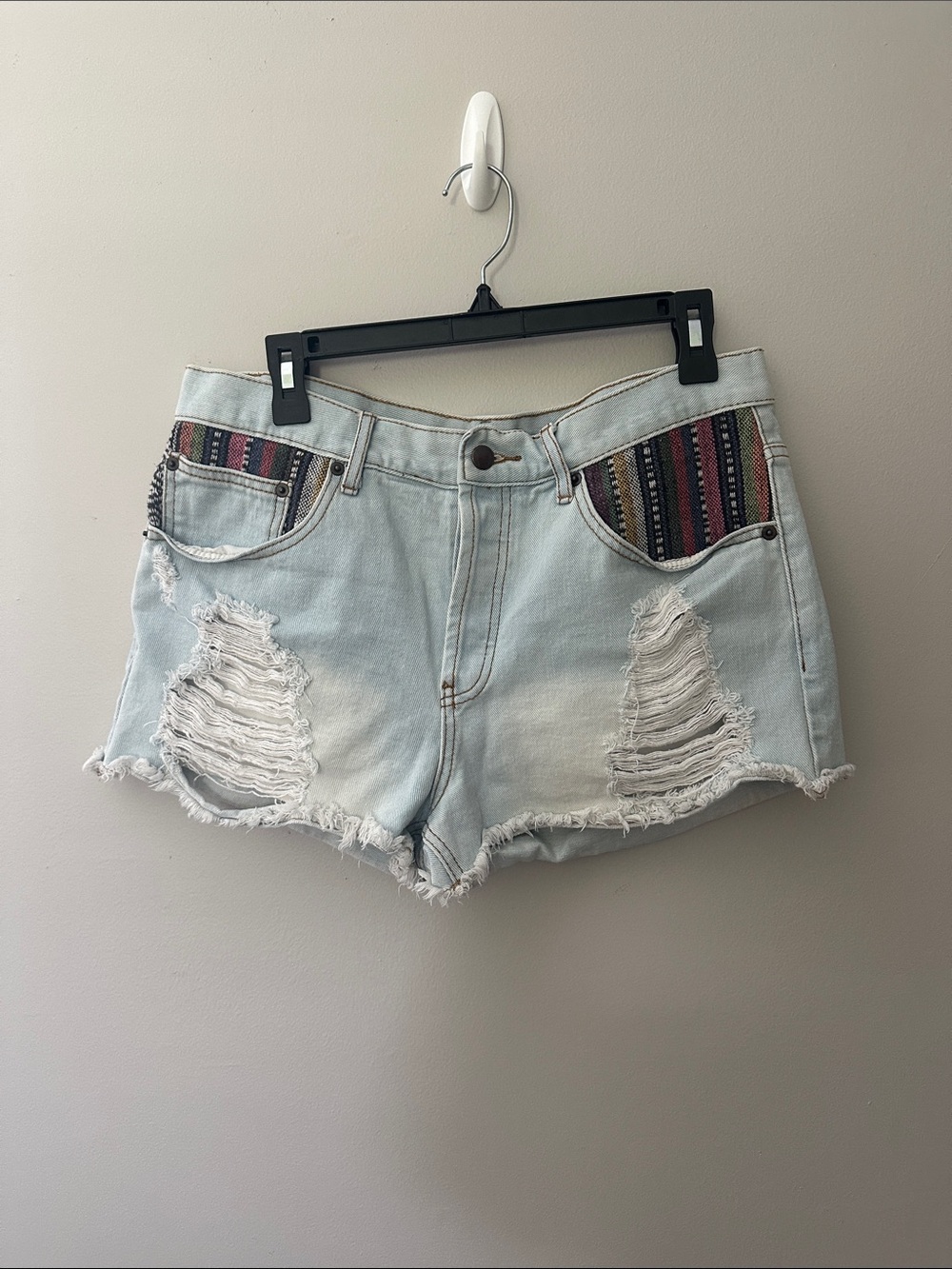 Forever 21 Light Blue Distressed Denim Shorts with Multicolor Pocket Trim